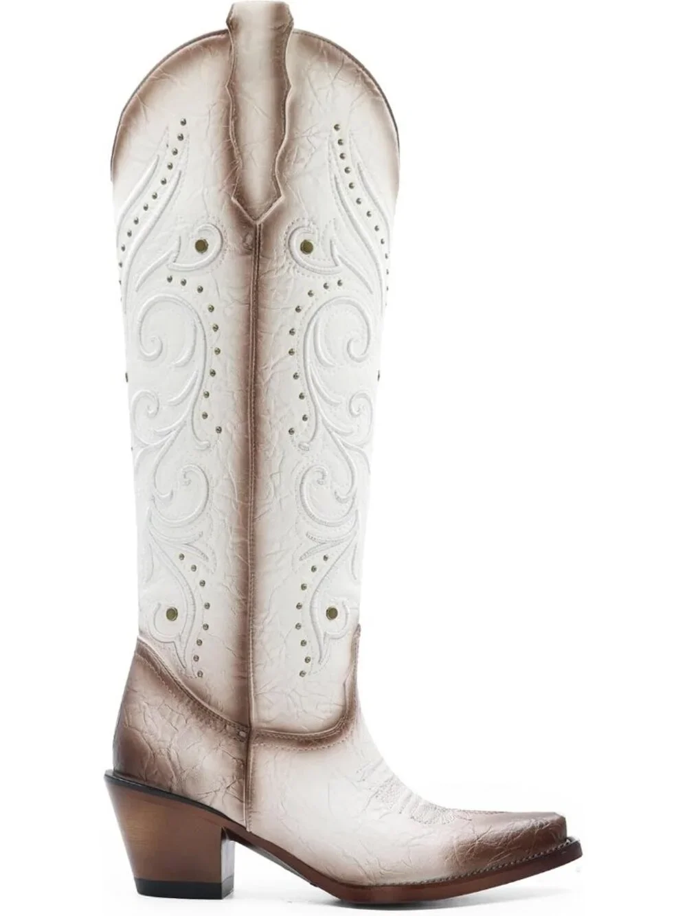 Women's White Polyurethane Pointed Toe Knee High Side Zipper Chunky Heel Boots